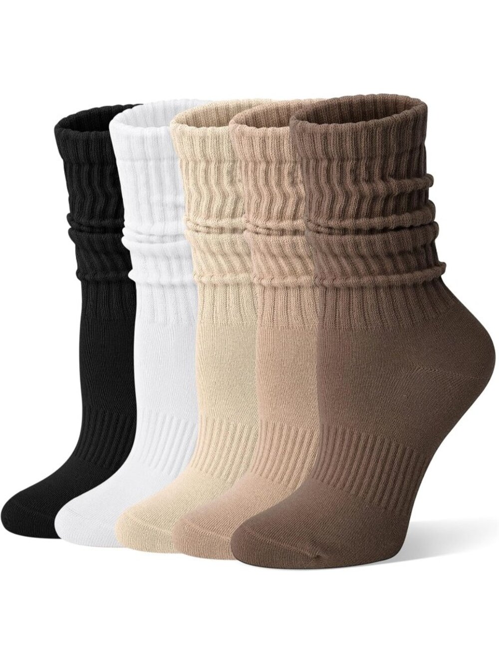 🧦Women's Brown White 5 Pair Slouchy Socks Slouch Cotton Crew Scrunch Socks